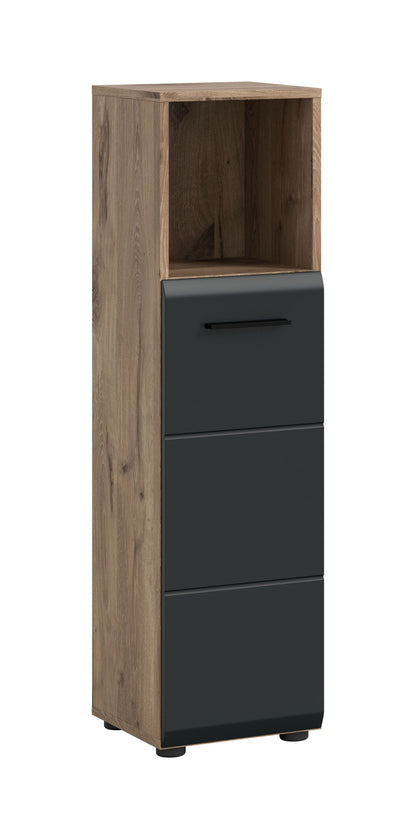 Schmaler Badezimmerschrank in dunklem Grau mit offenem Fach und Schublade, Griffleiste