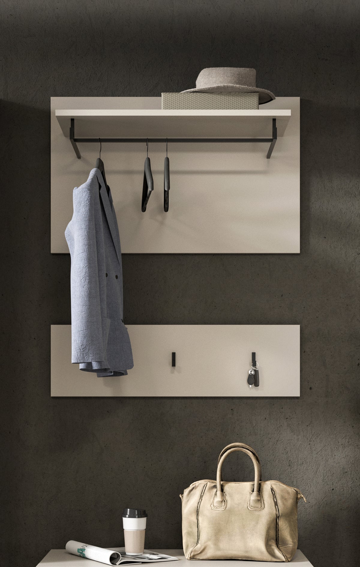 Wandgarderobe mit Hutablage und drei Kleiderhaken, graue Oberfläche, Mantel hängt an Haken