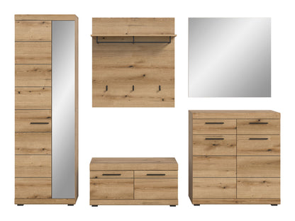 Garderobenset mit Spiegel: Garderobenschrank, Garderobenpaneel mit Haken, Sitzbank und Kommode