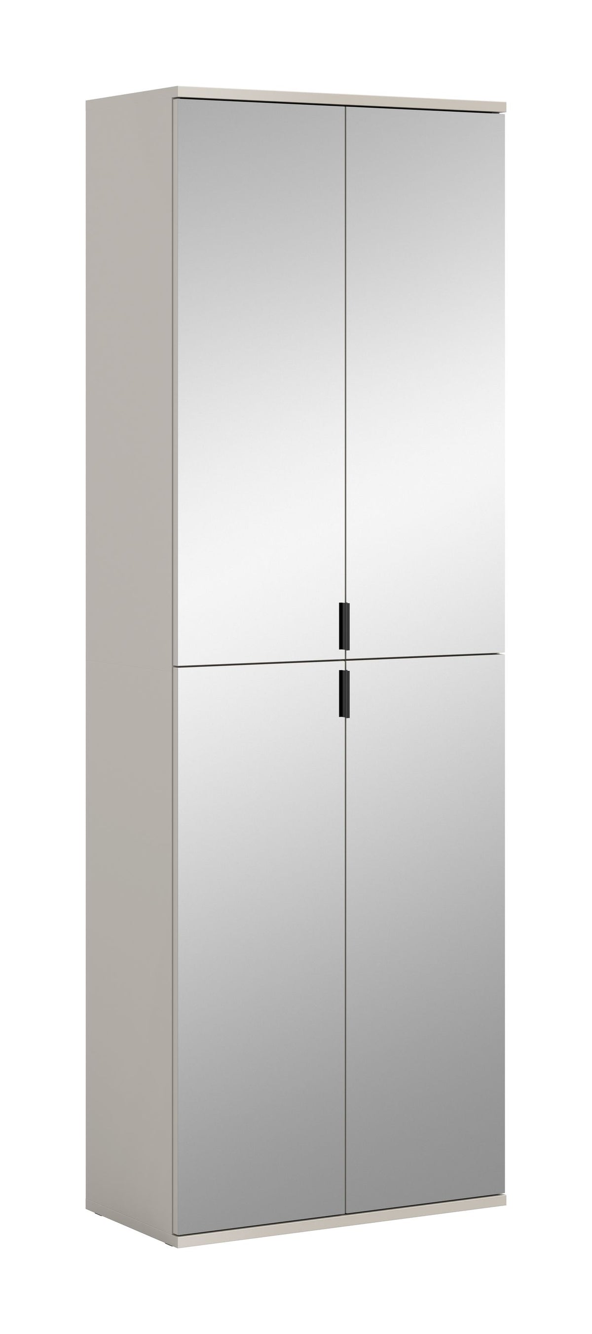 Spiegelschrank mit zwei Türen und Spiegelglas-Front, schwarze Griffe, schmale Fugen