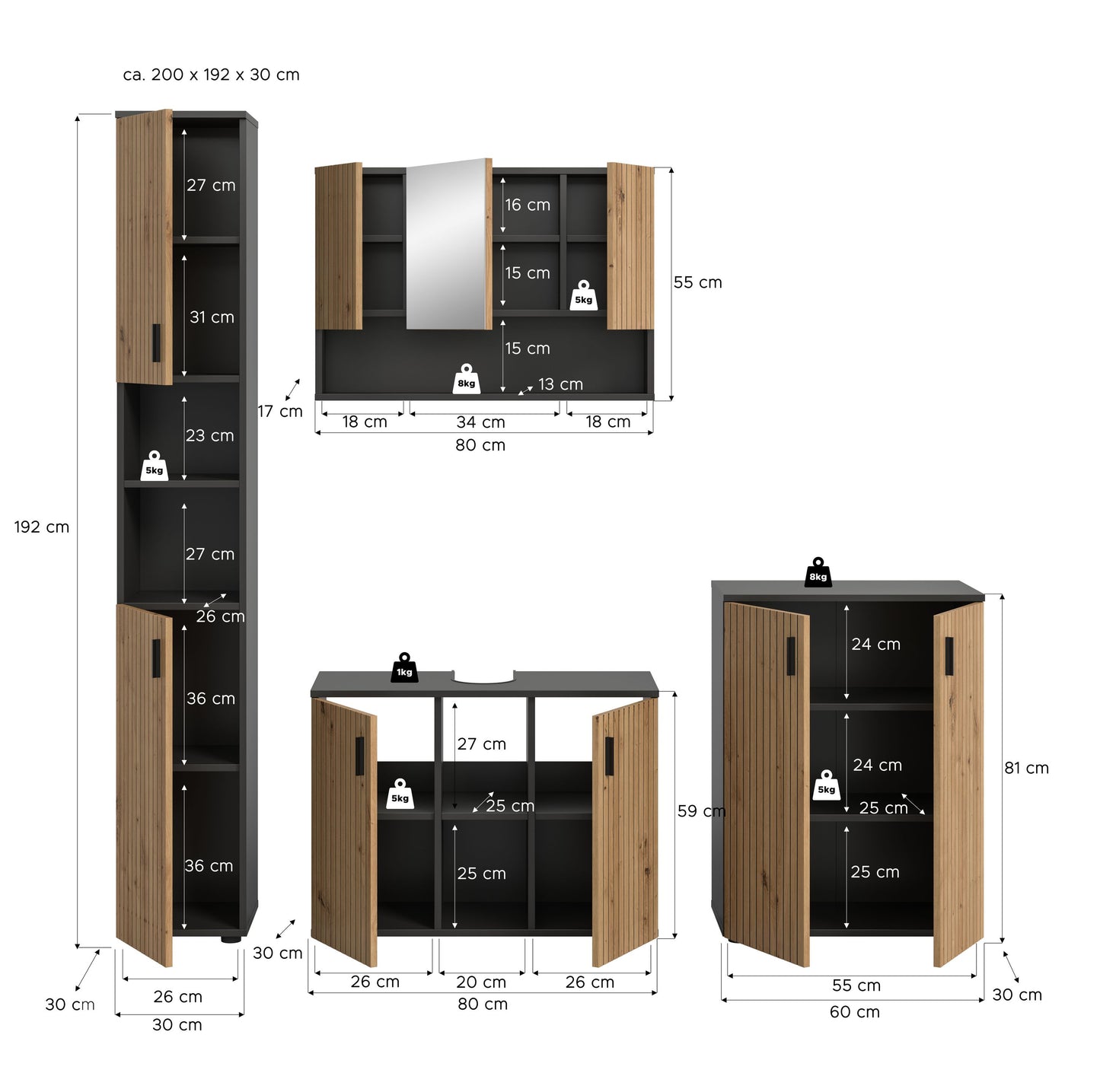 Homes & Jones Badezimmermöbel Set 4-tlg. Badmöbelset mit Badspiegelschrank