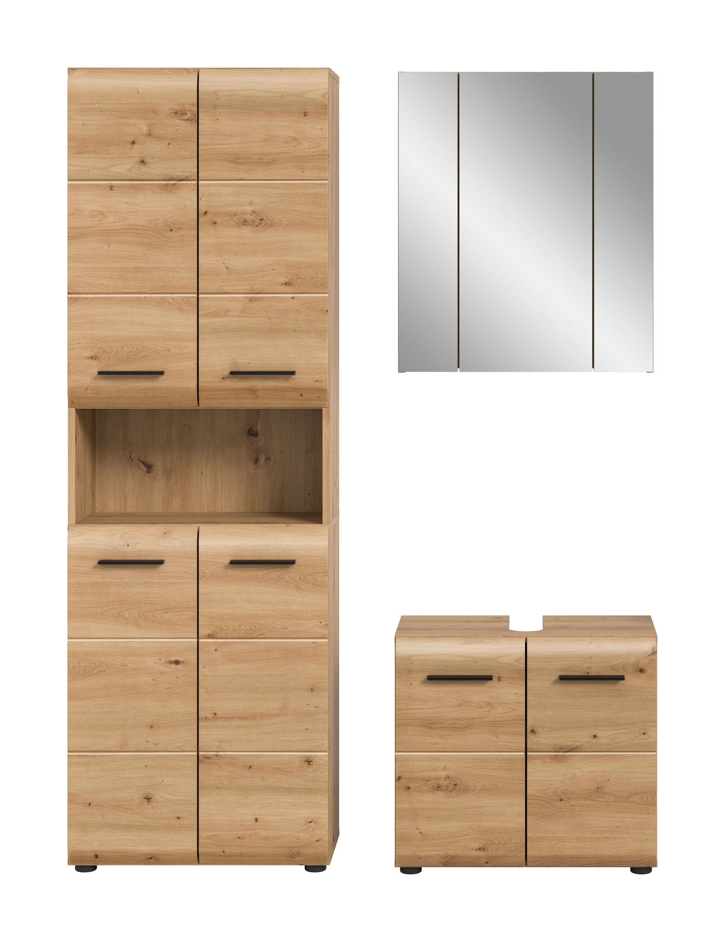 Badezimmer-Set im hellen Holzdekor: hoher Schrank mit offenen Fächern, Spiegelschrank, Unterschrank