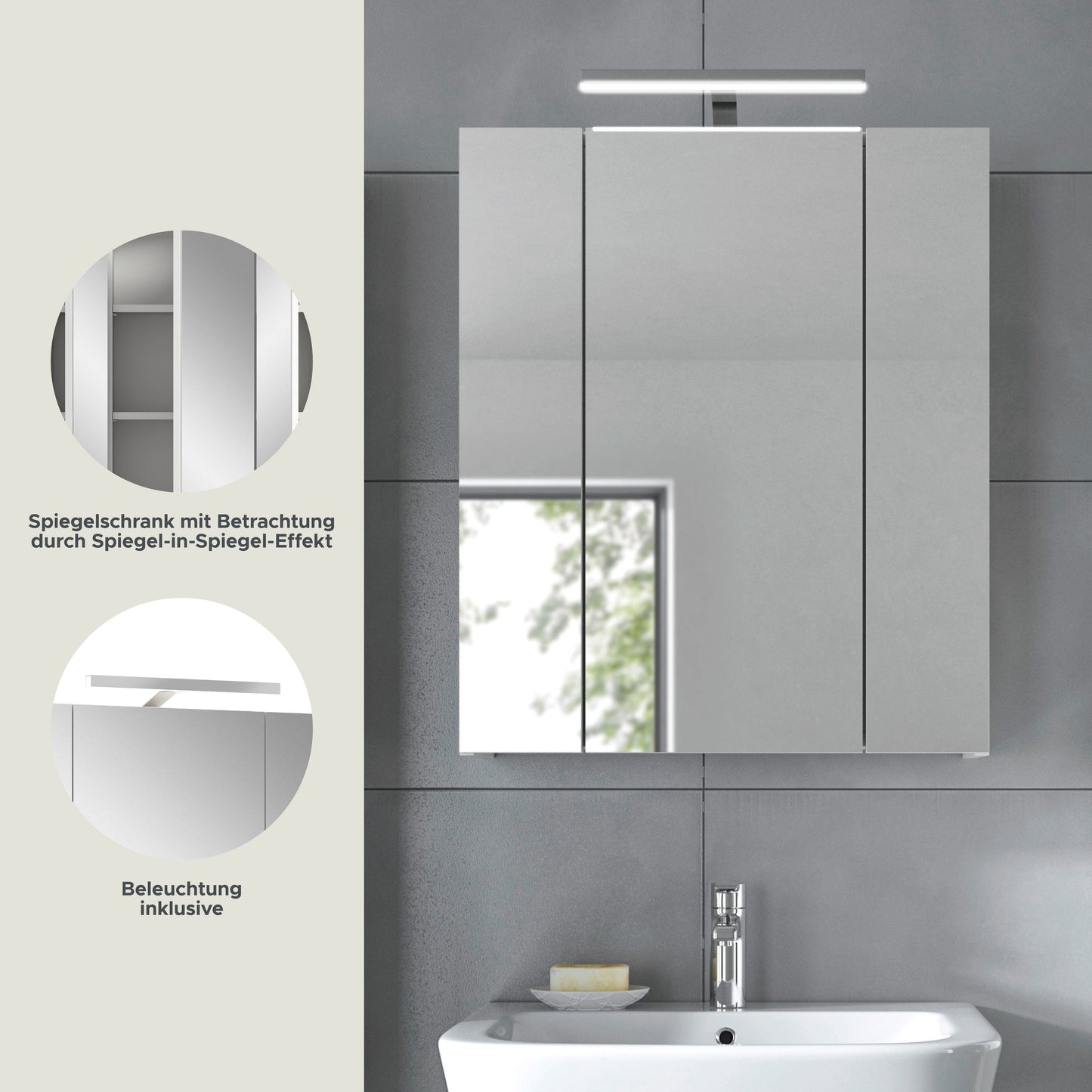 Armoire de toilette avec éclairage LINUS (L/H/P : env. 60/71/19 cm) en noir/verre miroir
