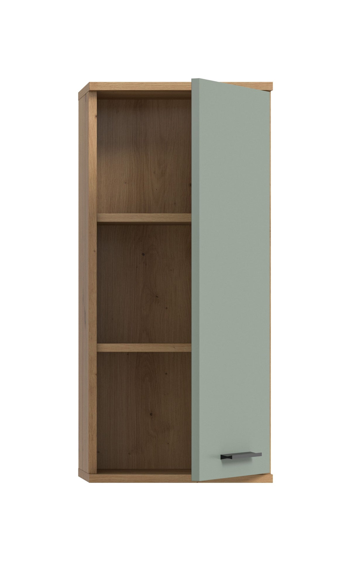 Badezimmer-Hängeschrank, offene Tür mit Einlegeböden, Holzdekor innen