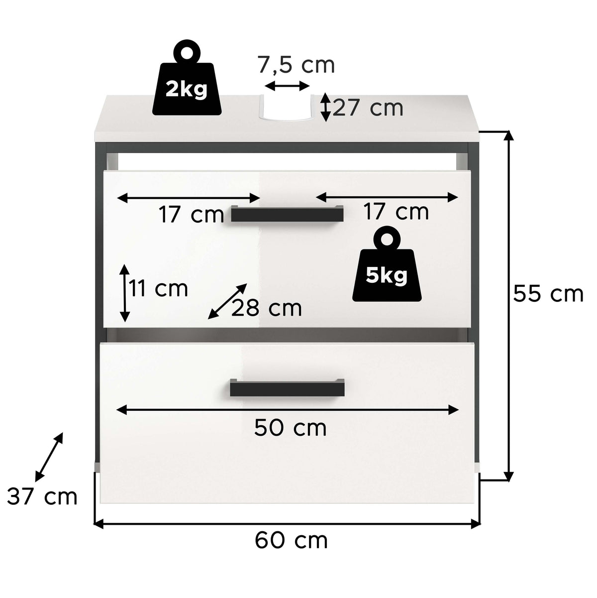 Vanity unit KOJAK (W/H/D: approx. 60/55/37 cm) in white/white high gloss