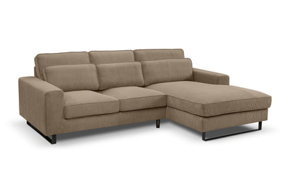 Ecksofa mit Recamiere in Braun-Beige, Cordstoff, gepolsterte Rücken- und Sitzkissen, schwarze Füße