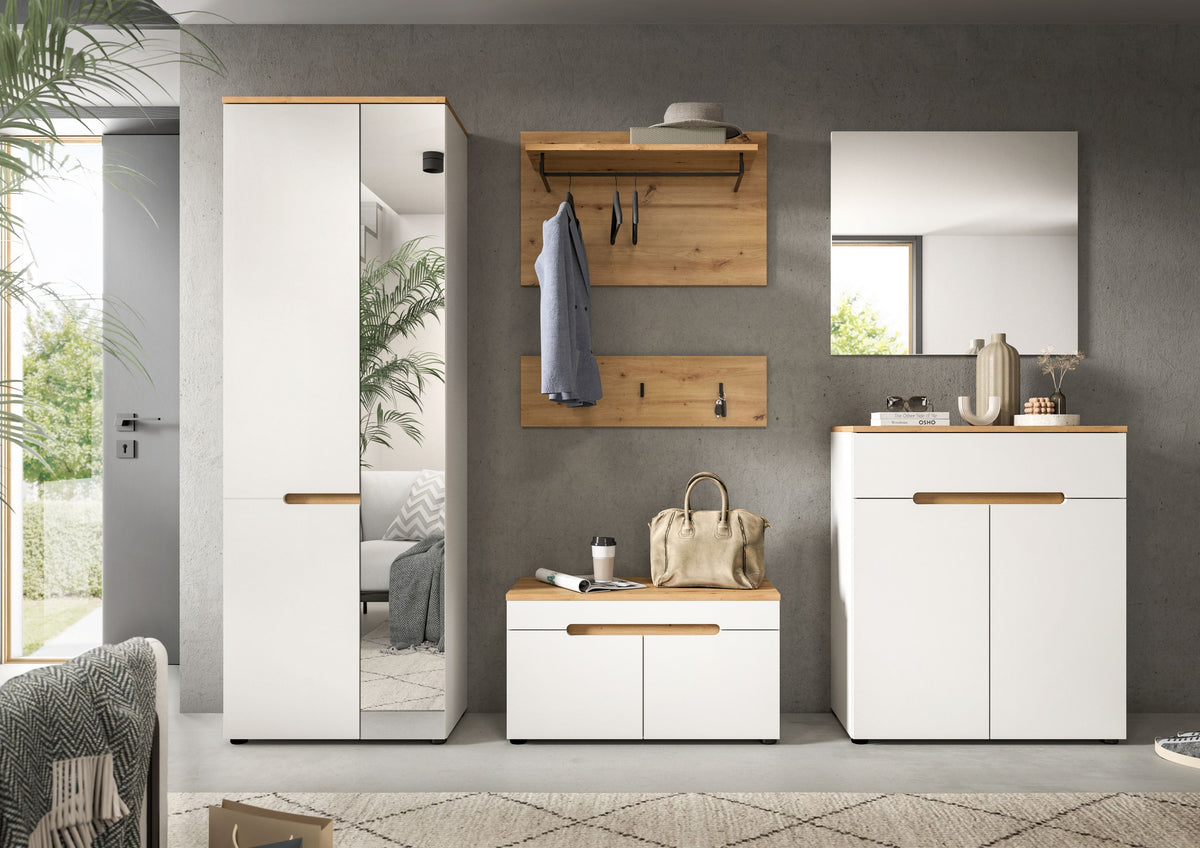 Garderoben-Set mit großen Spiegelschrank, Kommode und Schuhschrank in Weiß und Holzoptik