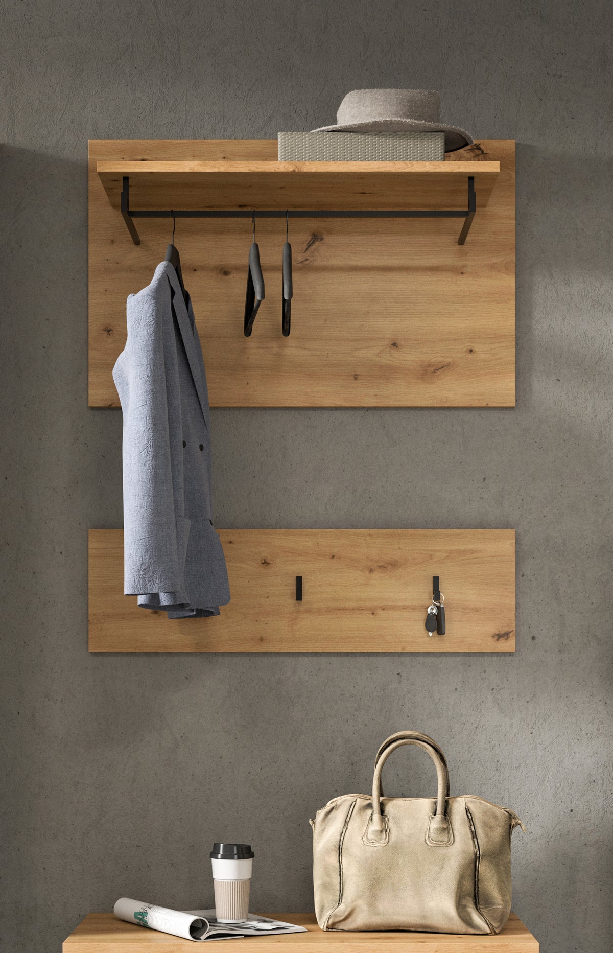Wandgarderobe mit Hutablage und drei Kleiderhaken, Holzoptik, Mantel hängt an den Haken