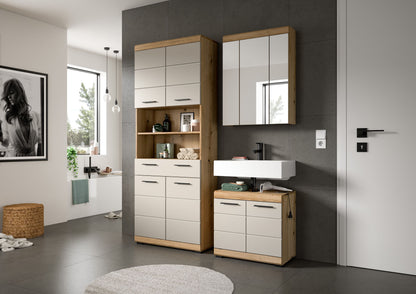 Badezimmerset mit Spiegelschrank und Waschtisch, Fronten weiß und Holzoptik, 3-teilig