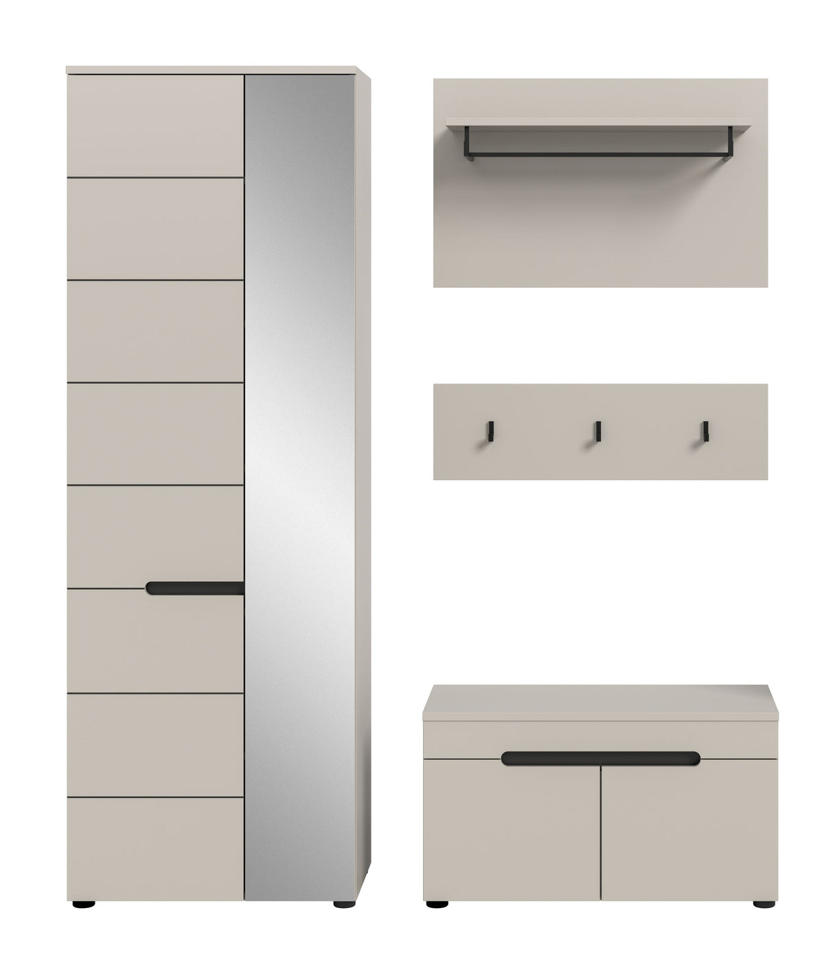 Garderobenschrank-Set in Beige-Grau: Holzablage, Garderobenleiste und Sitzbank