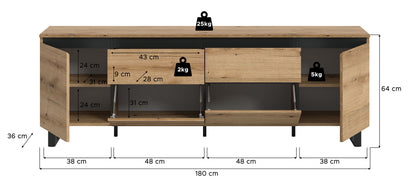 Meuble bas TV TOMASA (L/H/P : env. 188/65/36 cm) en imitation chêne Evoke/imitation chêne Evoke