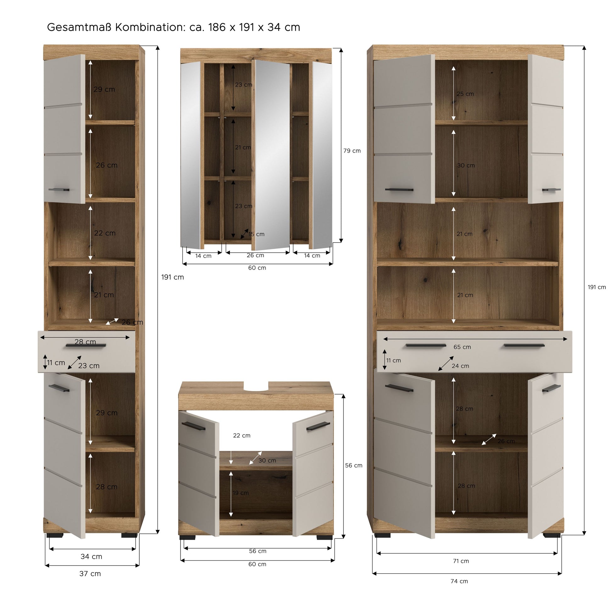 Badezimmerset 4-tlg. mit Maßangaben für Hochschrank, Spiegelschrank und Waschtisch