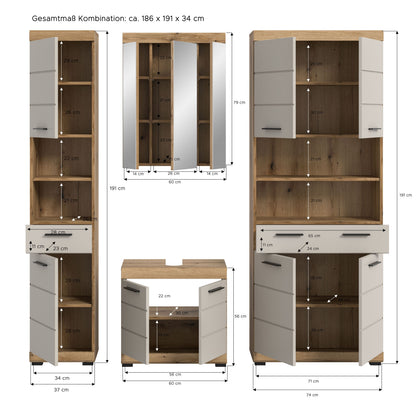 Badezimmerset 4-tlg. mit Maßangaben für Hochschrank, Spiegelschrank und Waschtisch