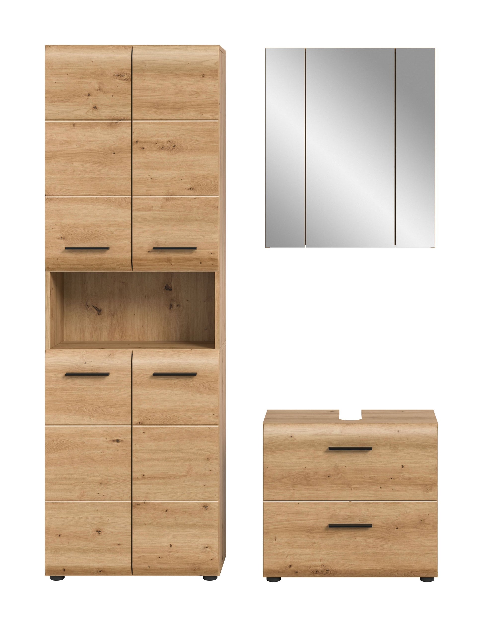 Badezimmerset von Homes & Jones: Hochschrank, Spiegelschrank & Waschtisch in Eiche