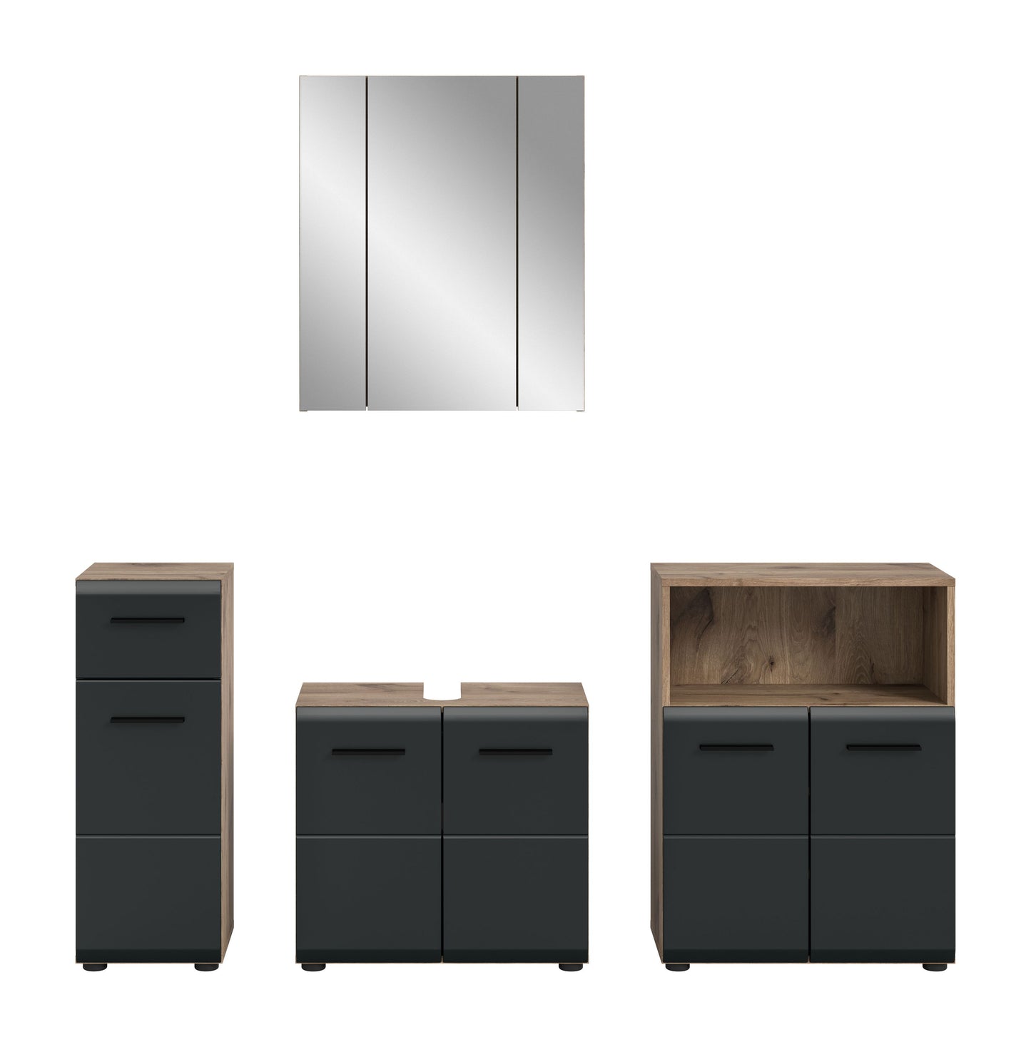 4-tlg. Badezimmermöbel-Set mit Spiegelschrank und Schränken, Eiche & dunkles Grau