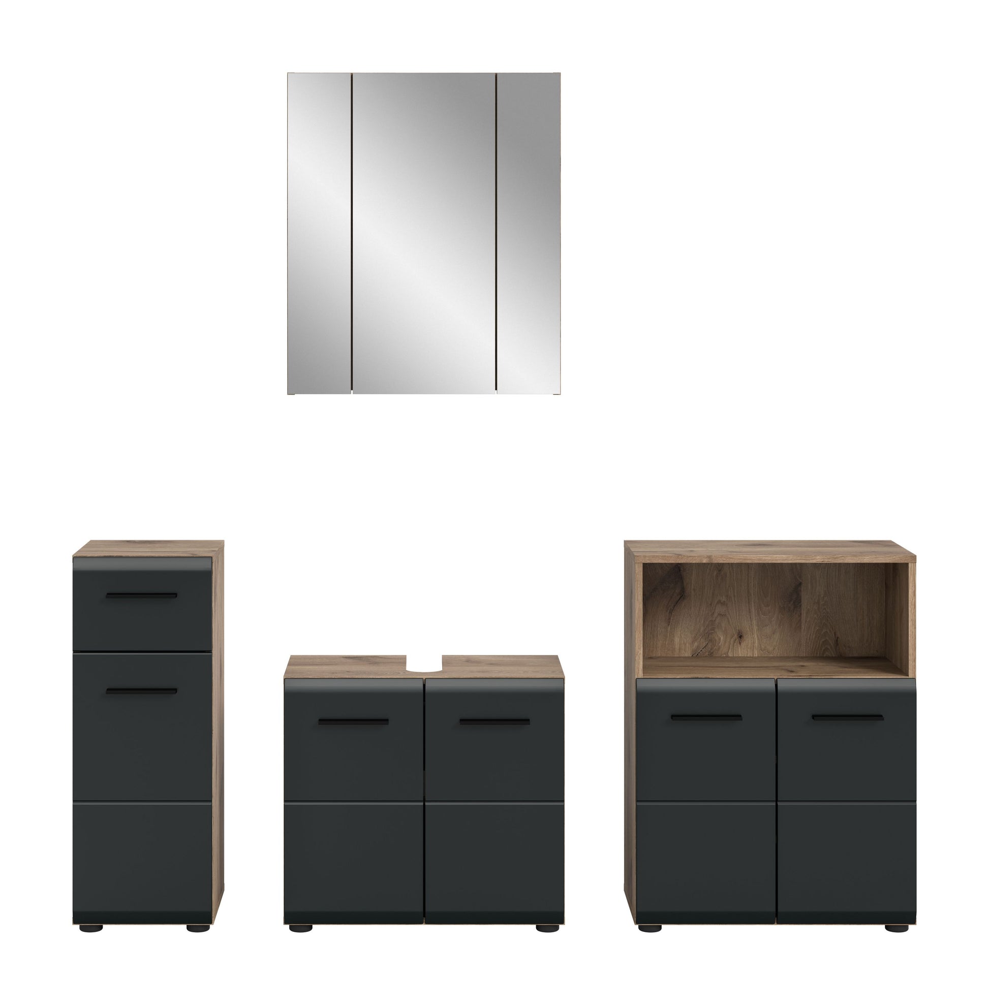 4-tlg. Badezimmermöbel-Set mit Spiegelschrank und Schränken, Eiche & dunkles Grau