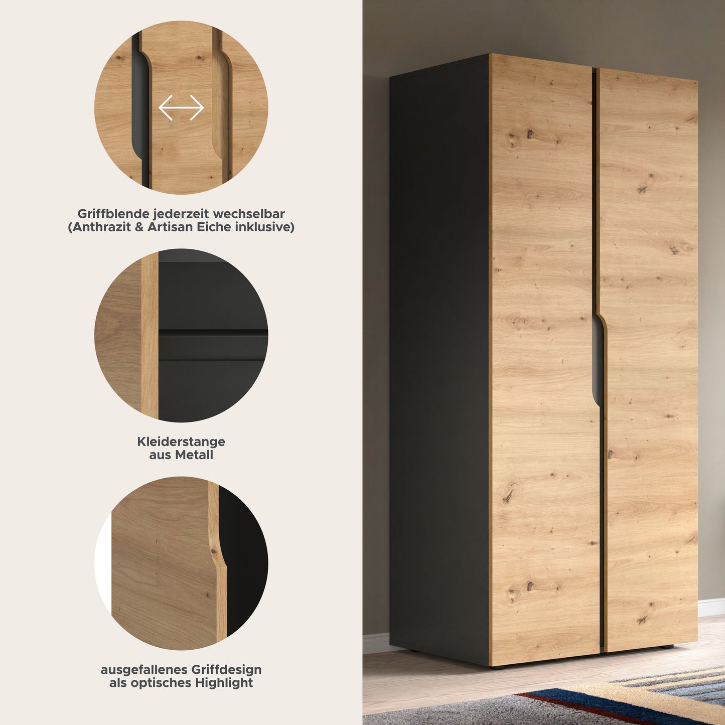 Armoire 2 portes ANGA (L/H/P : env. 80/180/51 cm) en anthracite/imitation chêne Artisan