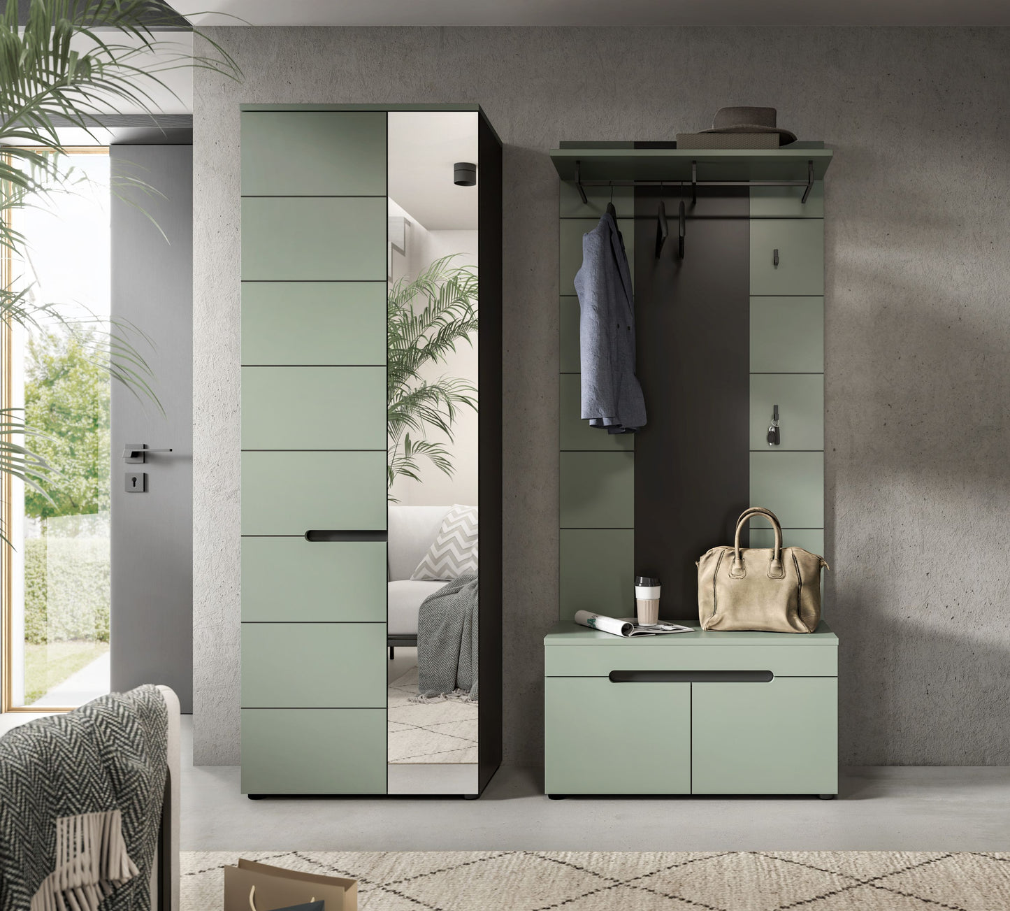 Homes & Jones Garderobenset 3-tlg., 1x Paneel, Sitzbank, Schrank mit Spiegel