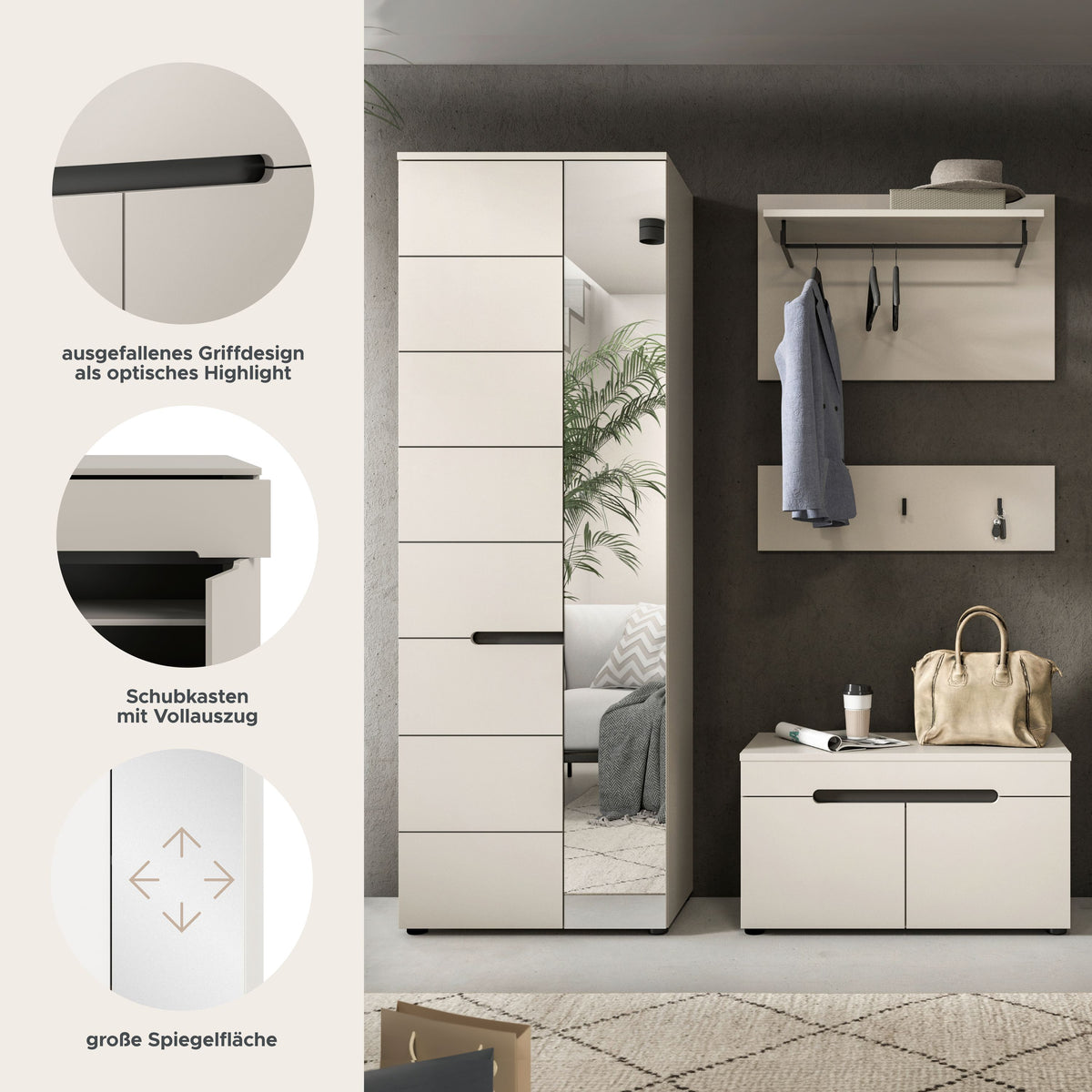 4-teiliges Garderobenset: Schrank mit Spiegel, Sitzbank und Ablageelemente