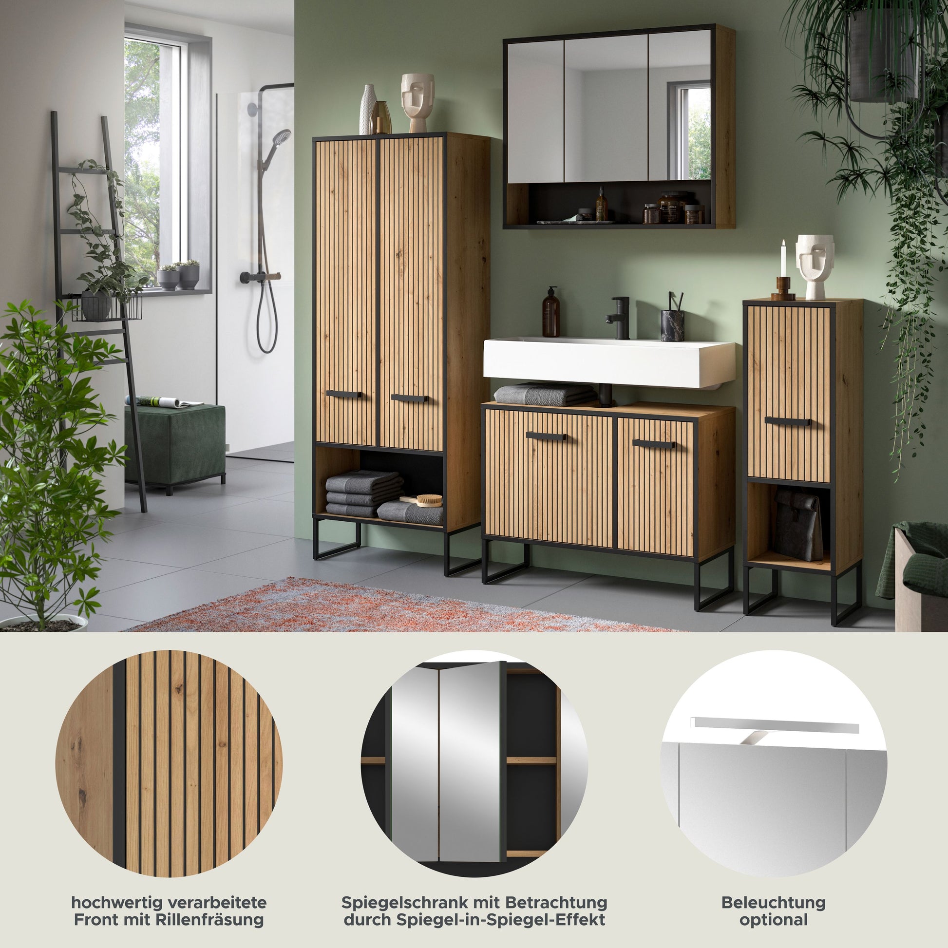 Badmöbel-Set mit Spiegelschrank; Detailansichten zu Verarbeitung und optionaler Beleuchtung