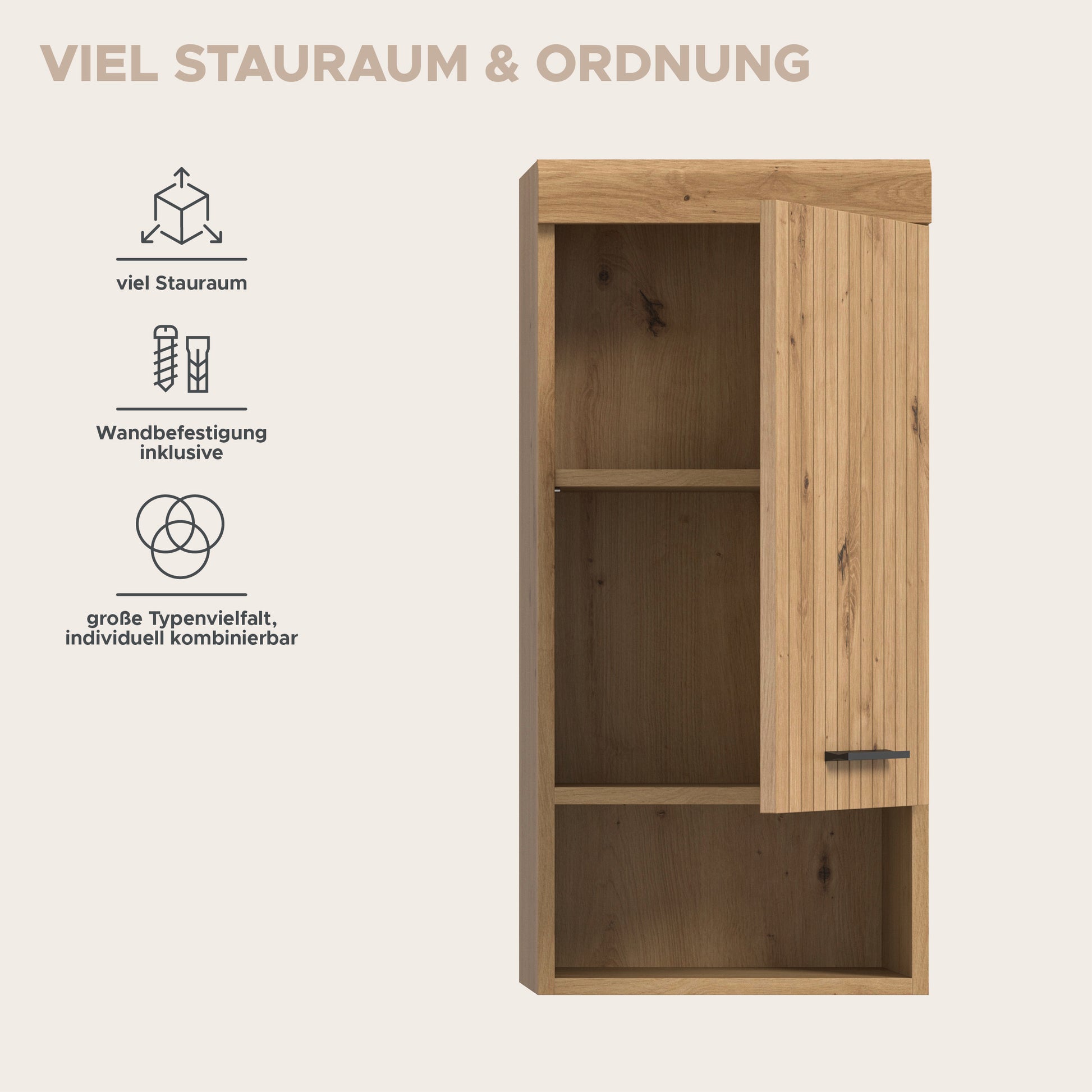 Badezimmerschrank in Holzoptik mit offenen Fächern und hochgesetzter Tür-Front