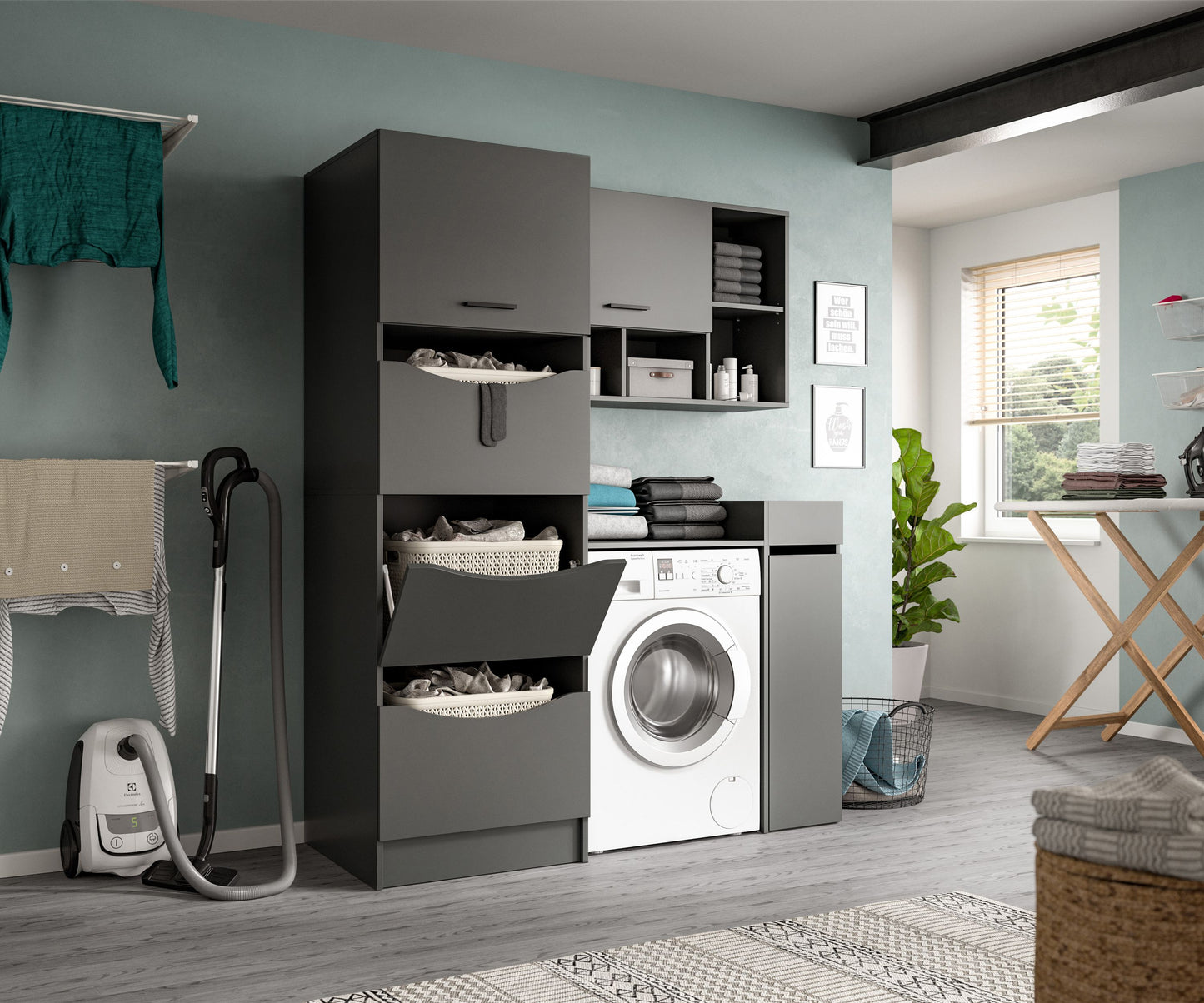 Homes & Jones Waschmaschinenschrank-Set in Grau mit Ablagen neben Frontlader-Waschmaschine