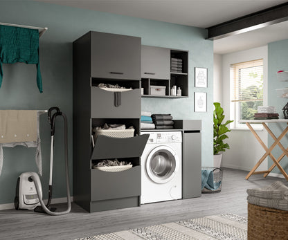 Homes & Jones Waschmaschinenschrank-Set in Grau mit Ablagen neben Frontlader-Waschmaschine