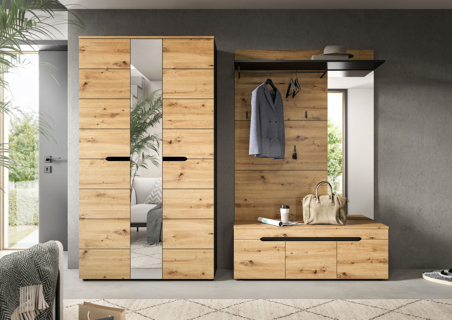 Garderobenset mit Schrank und Spiegel sowie Garderobenbrett mit Haken; Holzoptik, anthrazit