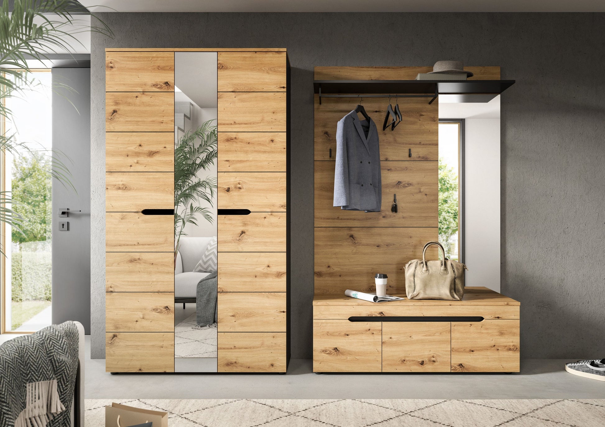 Garderobenset mit Schrank und Spiegel sowie Garderobenbrett mit Haken; Holzoptik, anthrazit
