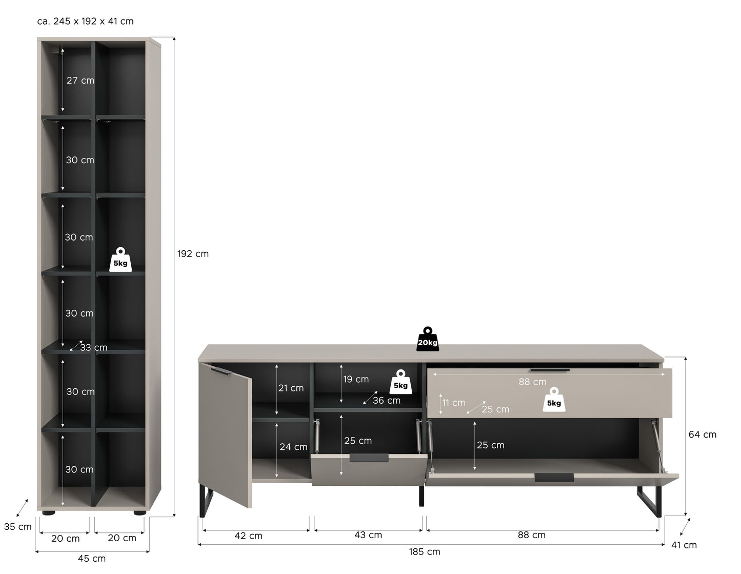 Homes & Jones Wohnzimmerschrank-Set mit Maßen: Schrank & Lowboard, kaschmirfarben