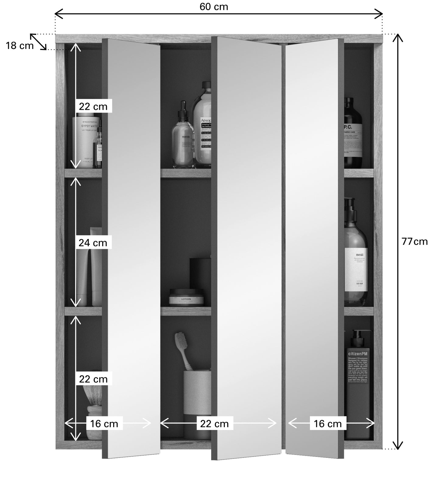 Hochschrank mit geöffneten Türen und Einlegeböden in Grau-/Eicheoptik