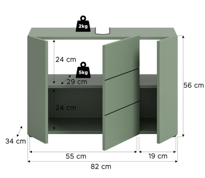 Waschbeckenunterschrank breit Salbeigrün mit Maßen: 82×56×34 cm