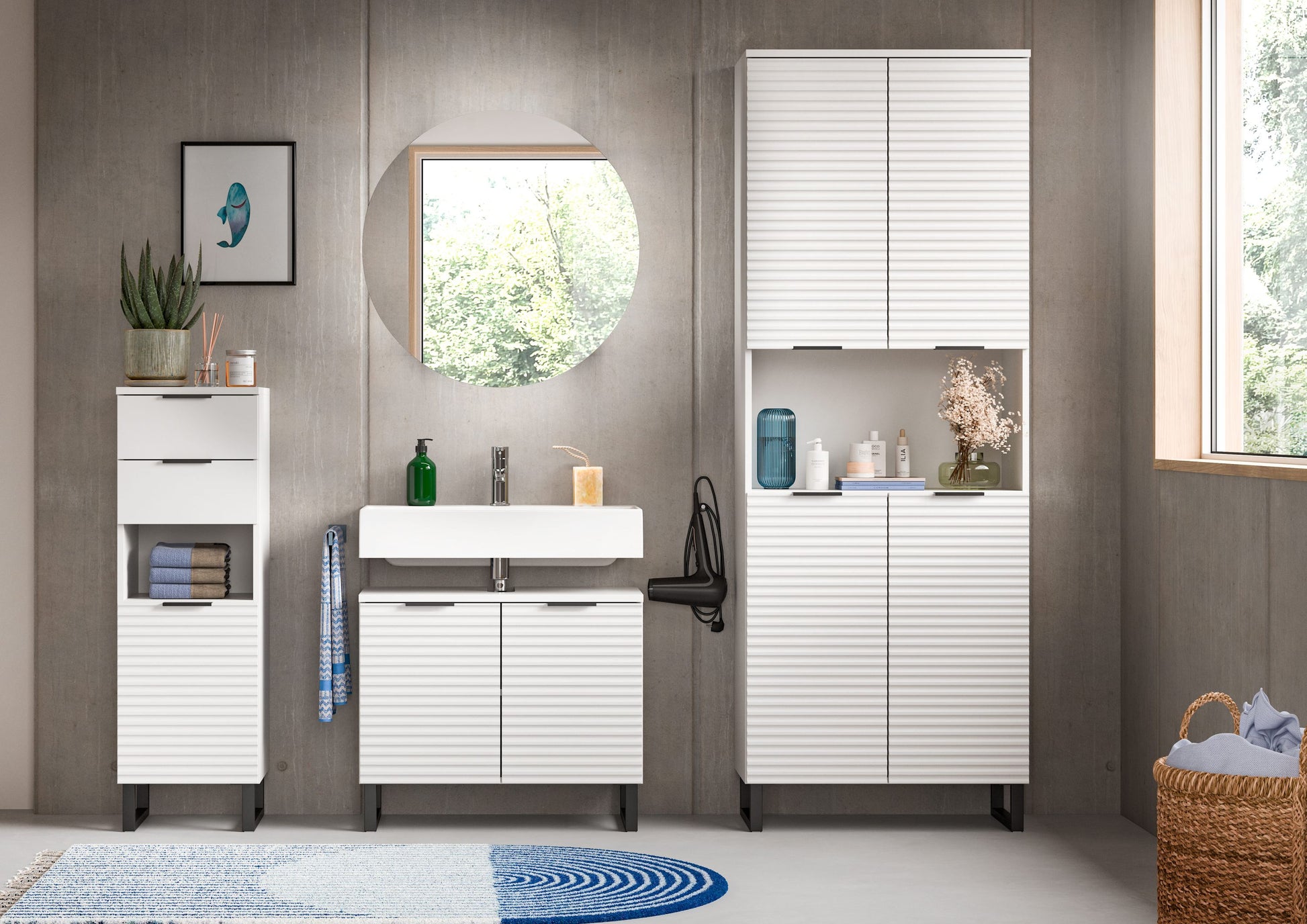 Waschbeckenunterschrank 70 cm breit, weiß, mit Lamellentüren und Waschbecken