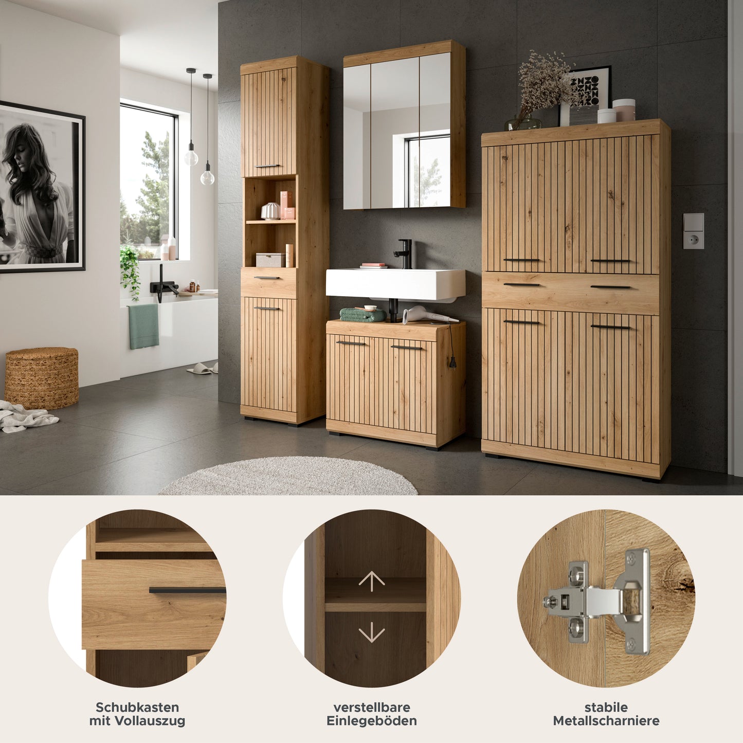 Badezimmerset im Holzdesign: Detailansichten zu Funktionen und Metallbeschlägen