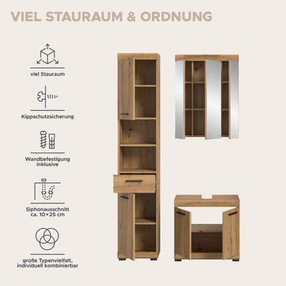 Badezimmerset 3-teilig in Eiche-Optik: Hochschrank und Waschtischunterschrank
