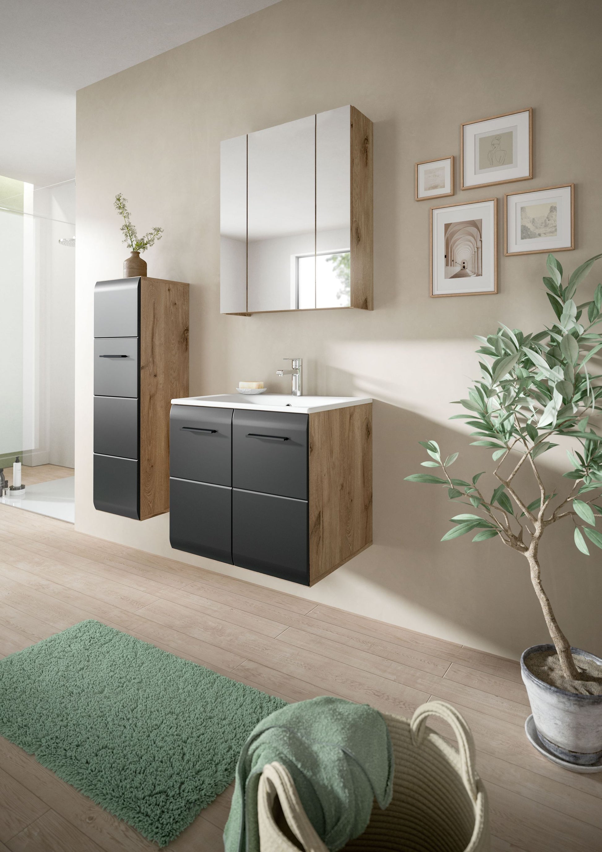 Badmöbel-Set mit Spiegelschrank, Waschbecken-Unterschrank und Hochschrank, graue Fronten