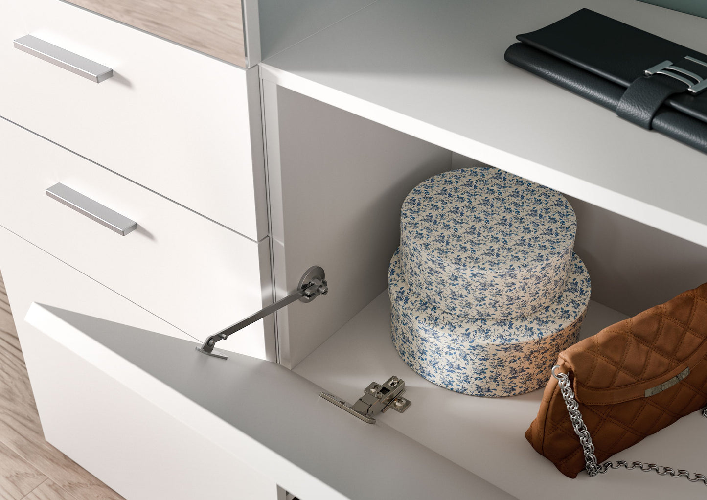 Garderobe mit Spiegel: Innenfach mit Scharnier und Schubladenfront in weiß