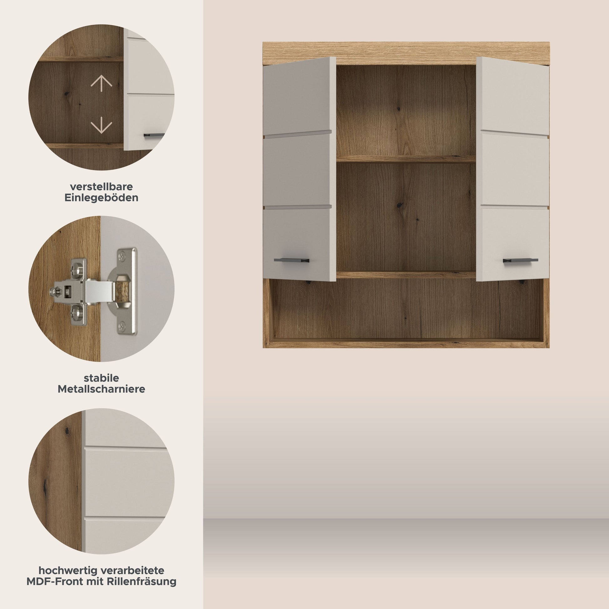 Badezimmerschrank mit verstellbaren Einlegeböden, Holzdekor innen, weiße Türen