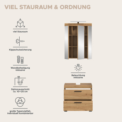 Badezimmerset mit Spiegelschrank und Unterschrank, mehrere Fächer, mit integrierter Beleuchtung