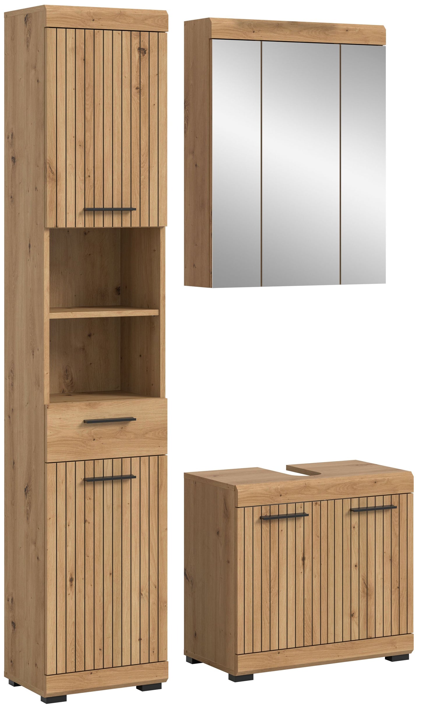 Badezimmerset 3-tlg.: Hochschrank, Spiegelschrank und Waschbeckenunterschrank in Holzoptik