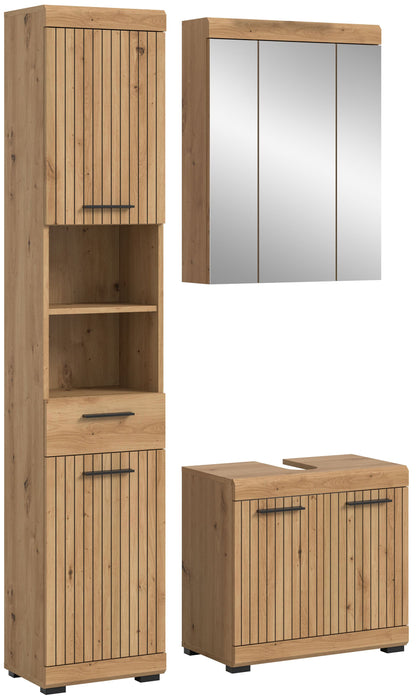 Badezimmerset 3-tlg.: Hochschrank, Spiegelschrank und Waschbeckenunterschrank in Holzoptik
