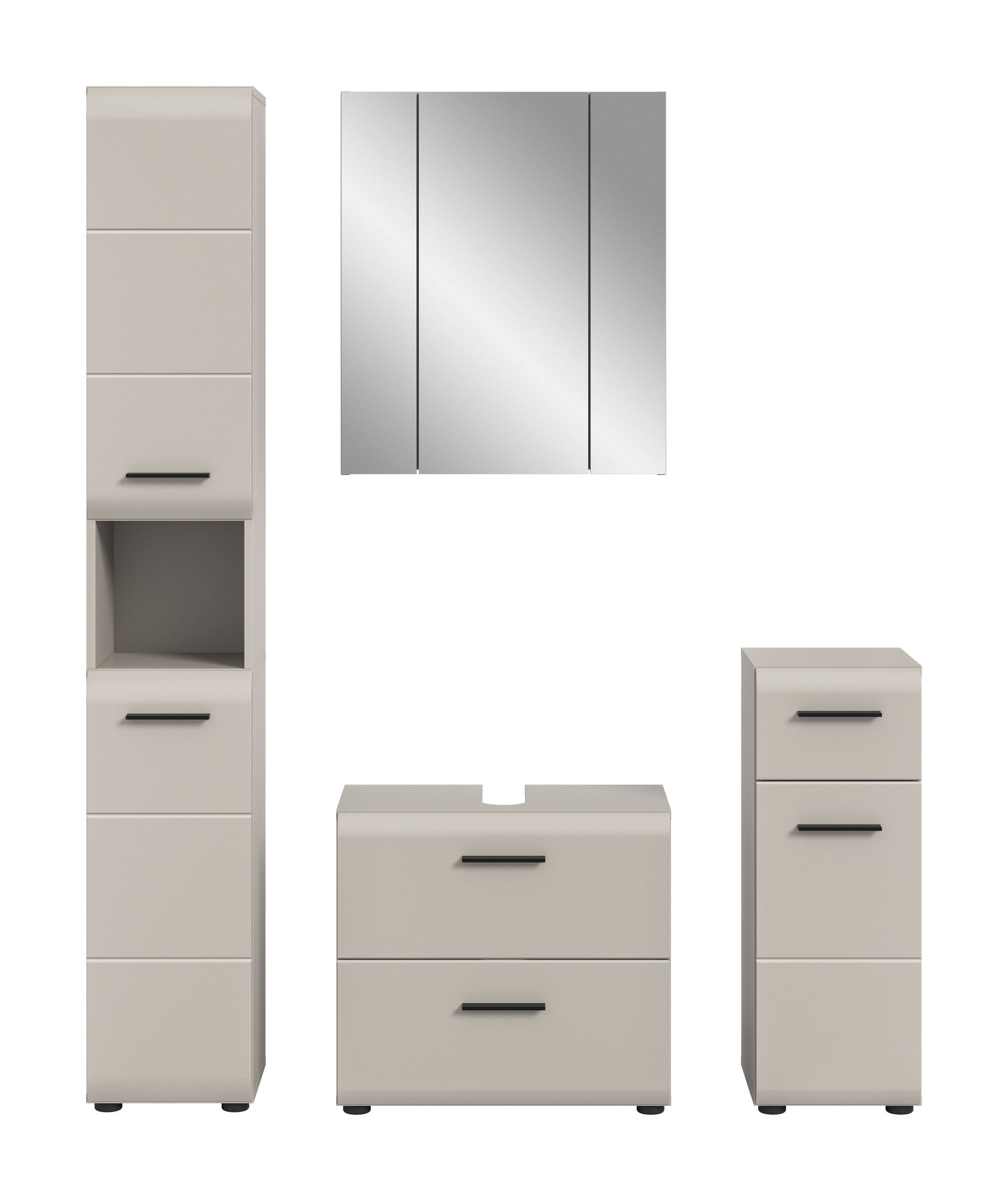 Badmöbel-Set 4-tlg. in Weiß: Spiegelschrank, Hochschrank und Unterschränke mit Griffen