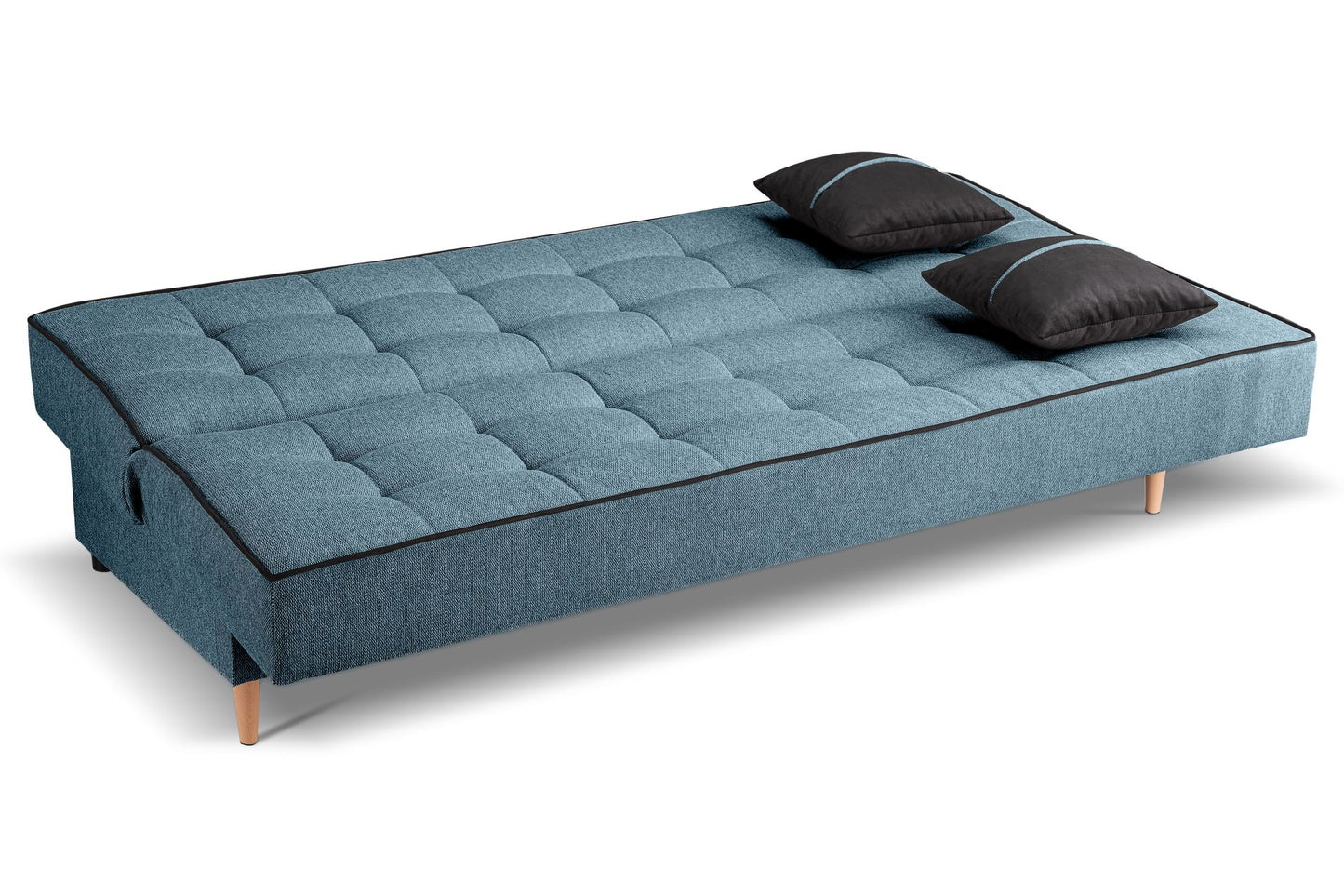 Schlafsofa aufgeklappt: blaue Matratzenoberfläche mit zwei dunklen Kissen