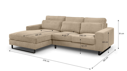 Ecksofa mit Recamiere in Beige, Maße am Polster, Cord-Stoff und schwarzer Sockel