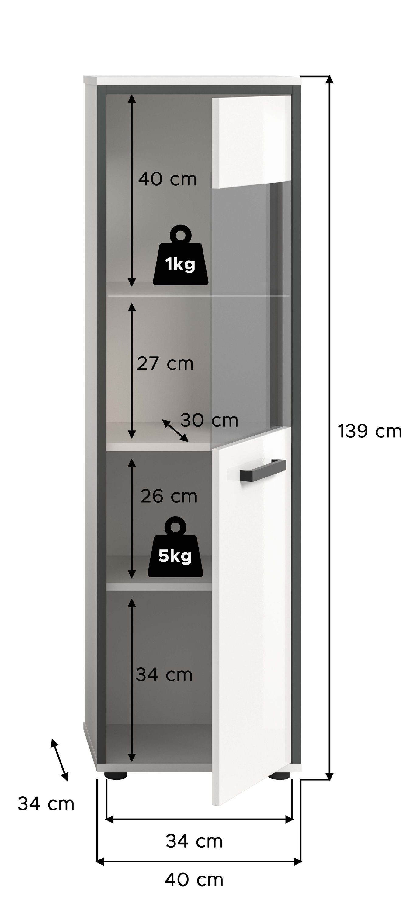 Bad-Hochschrank, 40 cm breit, 139 cm hoch, mit Griff am Schubfach und Regalen