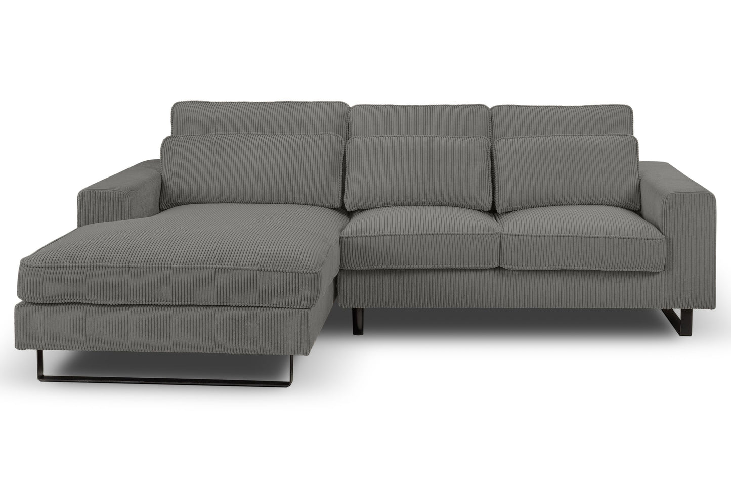 Ecksofa mit Recamiere in grauem Stoff, breite Sitzfläche und gepolsterte Rückenlehnen