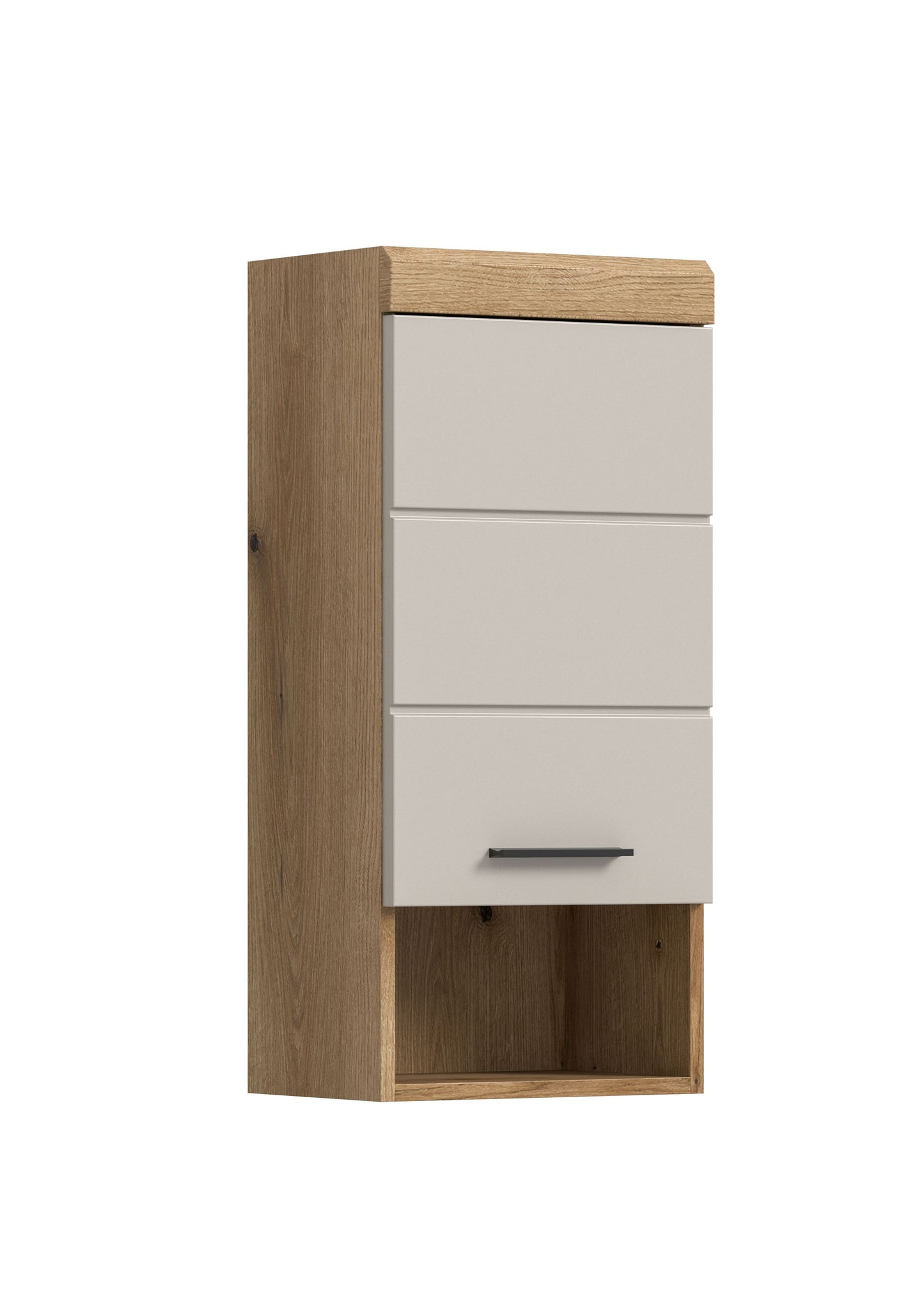 Badezimmerschrank mit Holzrahmen, zwei Frontschubladen und offener Ablage unten