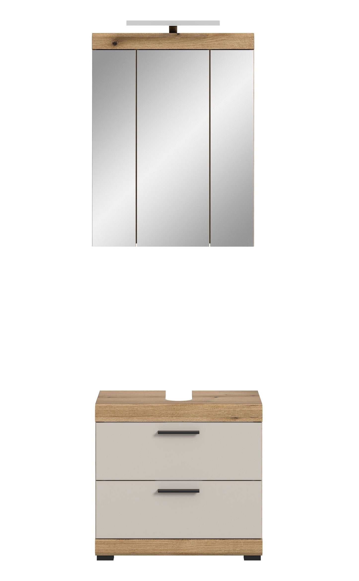 Badezimmerschrank-Set in Eiche-Optik: Spiegelschrank mit Beleuchtung und Unterschrank