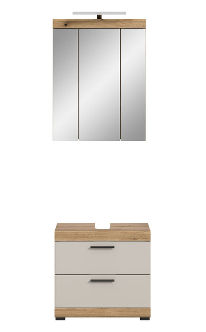 Badezimmerschrank-Set in Eiche-Optik: Spiegelschrank mit Beleuchtung und Unterschrank
