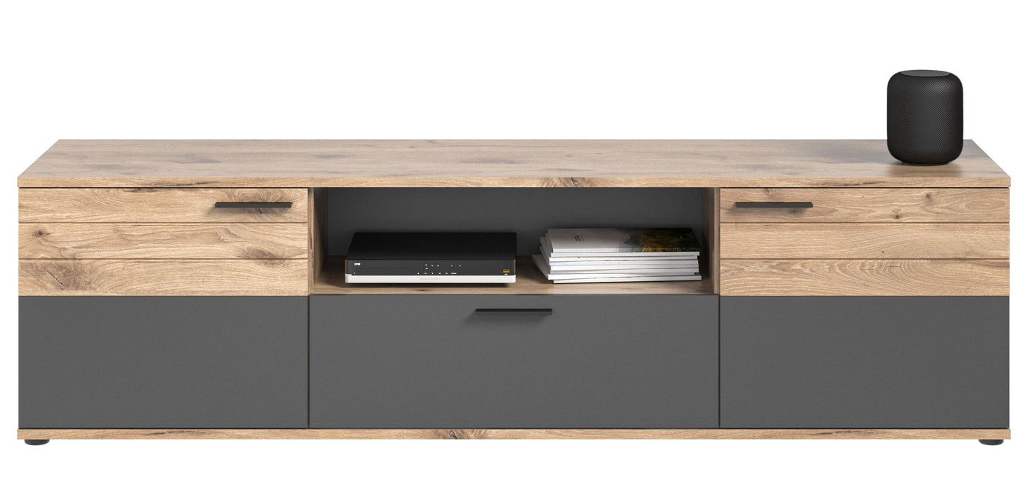 TV-Lowboard mit Schubladen und Ablagefach, Holzoptik und Anthrazit